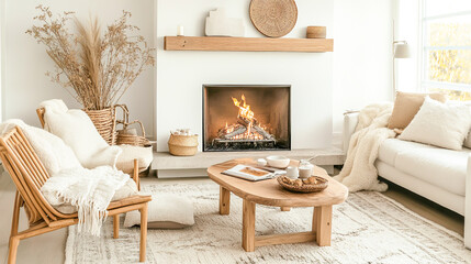 A warm and inviting Scandinavian-style living room featuring a sleek fireplace, minimalist furnishings