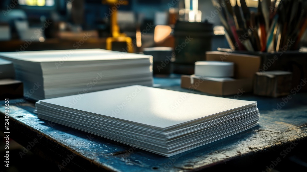 Poster blank sheets of paper stacked on a rustic workshop table
