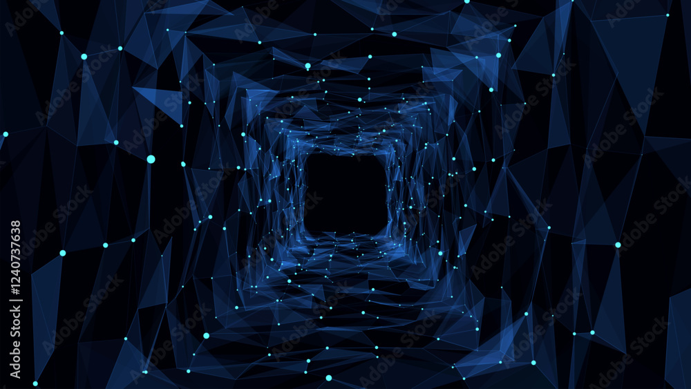 Poster abstract wireframe square tunnel. vector blue wormhole. 3d portal grid. futuristic fantasy funnel.