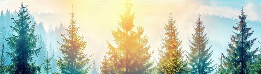Poster a serene forest scene with tall evergreen trees illuminated by bright sunlight, creating a tranquil 