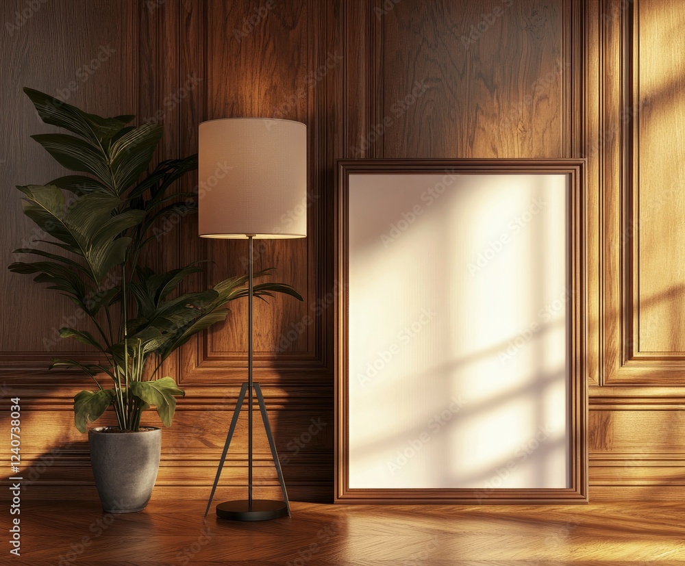 Poster 3d rendering of an empty picture frame on the wall, leaning against the wall. in front of it is a fl