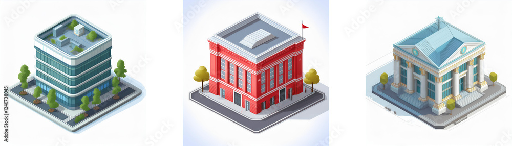 Poster isometric view of three different building styles: modern, classical, and traditional. each building