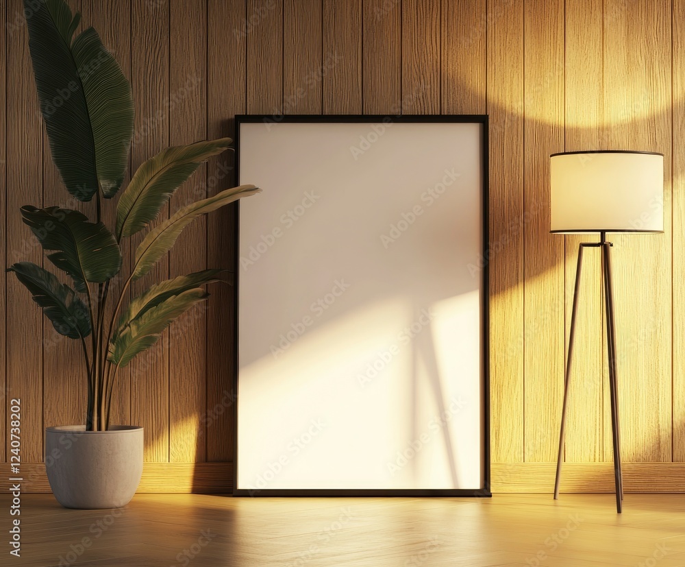 Poster 3d rendering of an empty picture frame on the wall, leaning against the wall. in front of it is a fl