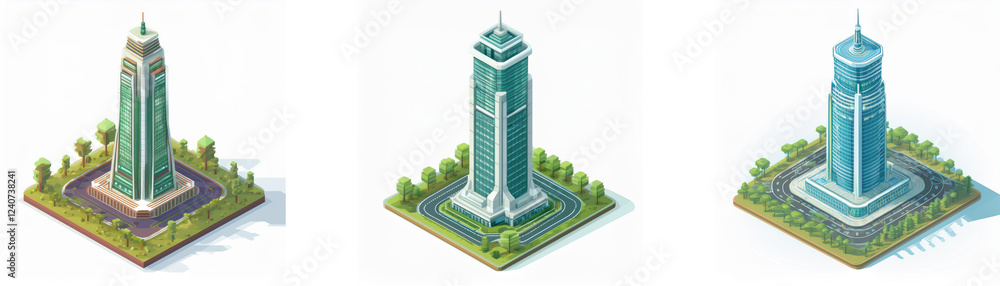 Poster isometric view of three skyscrapers, each with a unique color scheme, surrounded by landscaping. mod