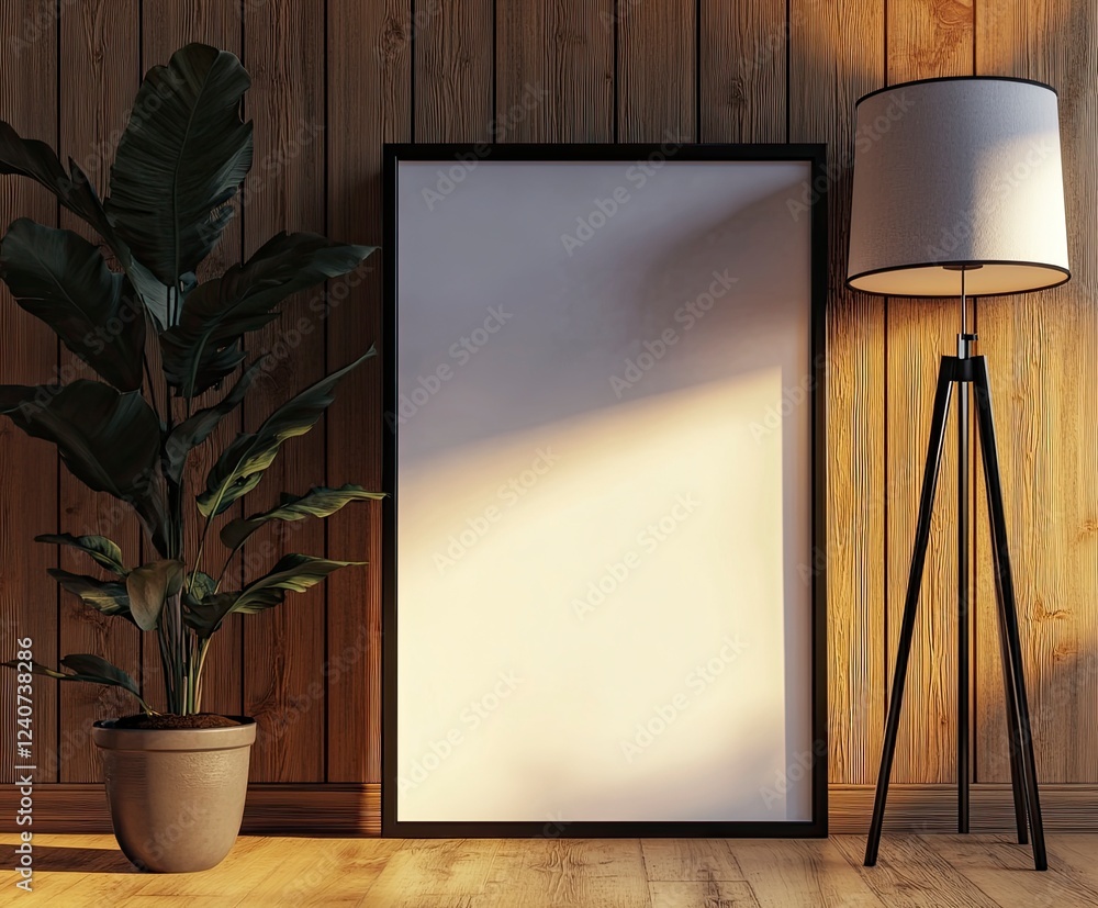 Poster 3d rendering of an empty picture frame on the wall, leaning against the wall. in front of it is a fl