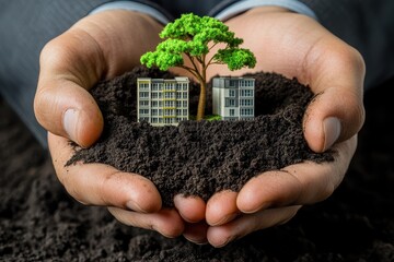 Hands Holding Soil with Miniature Buildings and Green Tree Model