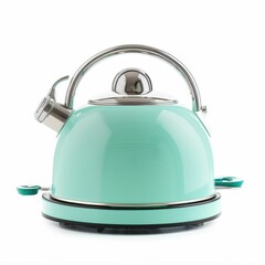 Elegant teal kettle on a stove.
