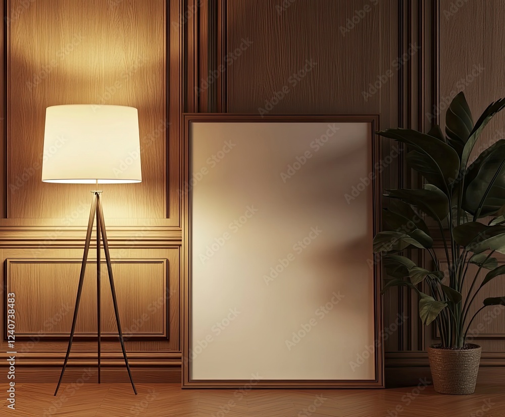 Poster 3d rendering of an empty picture frame on the wall, leaning against the wall. in front of it is a fl