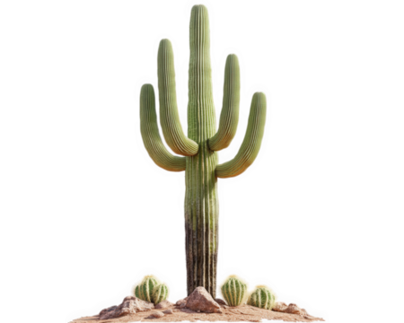unique saguaro cactus tree stands tall, surrounded by smaller cacti on rocky soil, showcasing beauty of desert flora. This striking image captures essence of arid landscapes