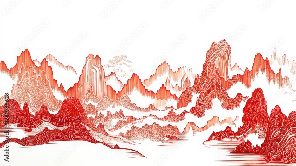 Poster elegant red landscape with abstract mountain design and flowing lines