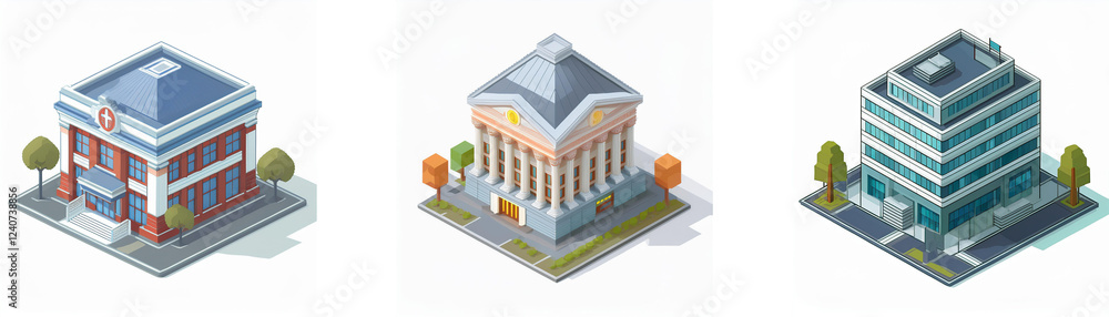 Poster isometric view of three different building types: a small brick building, a classical-style building