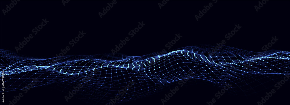 Poster abstract technology wave of particles. big data visualization. vector dark background with motion do