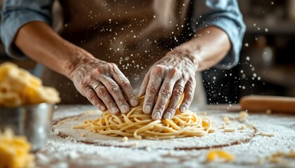 Hands Mixing Fresh Pasta Dough Surrounded by Flour on Kitchen Table with Rolling Pin and Ingredients