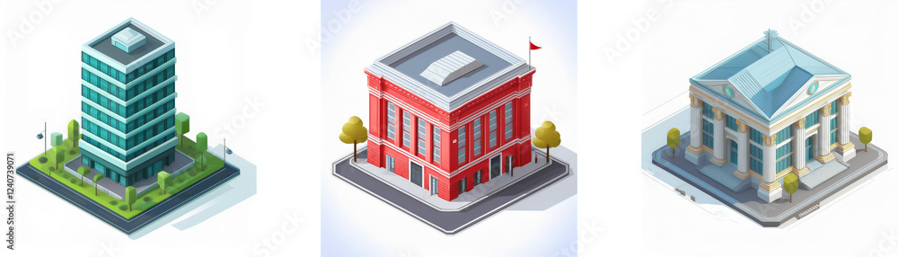 Poster isometric view of three different buildings: a modern skyscraper, a classic red brick building, and 