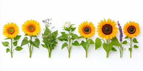 Obraz premium Field of sunflowers facing the sun, isolated on white background