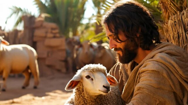 Jesus Christ is a good shepherd. Jesus is holding a lamb in his arms. Religious Christian video for Gospel publications