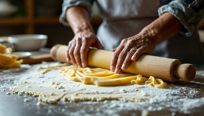 Hands Of A Skilled Baker Rolling Fresh Pasta Dough With A Wooden Rolling Pin On A Floured Kitchen Countertop In A Cozy Rustic Environment