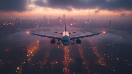 A commercial airplane flying above a bustling metropolitan city at night, with the skyline aglow with lights