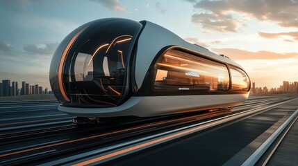 Futuristic Transportation: Autonomous Pod Moving Through Cityscape at Sunset