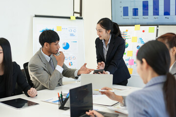 Business team brainstorming for planning strategies, laptop meeting with collaboration to present group project in office.