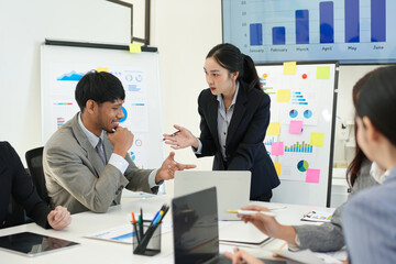 Business team brainstorming for planning strategies, laptop meeting with collaboration to present group project in office.