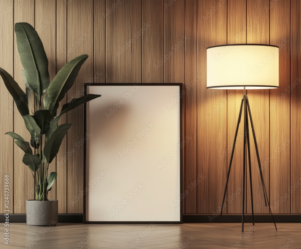 Poster 3d rendering of an empty picture frame on the wall, leaning against the wall. in front of it is a fl