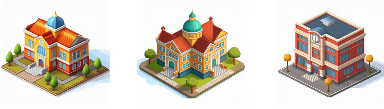 Three isometric illustrations depict colorful buildings: a grand structure with a dome, a similar building with a slightly different architectural style, and a simpler, modern-looking building.  Each 