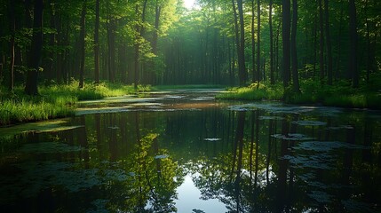 Obraz premium A tranquil forest pond, reflecting the dense greenery surrounding it, with soft light filtering through the trees above.