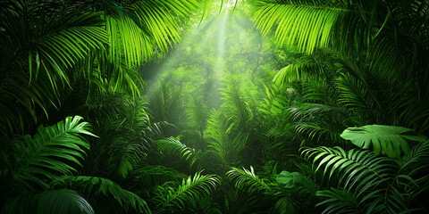 Fototapeta premium wallpaper of Dense rainforest with sunlight filtering through, isolated on white background