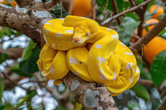 A striking yellow python rests gracefully on a tree branch surrounded by green leaves and orange fruits.