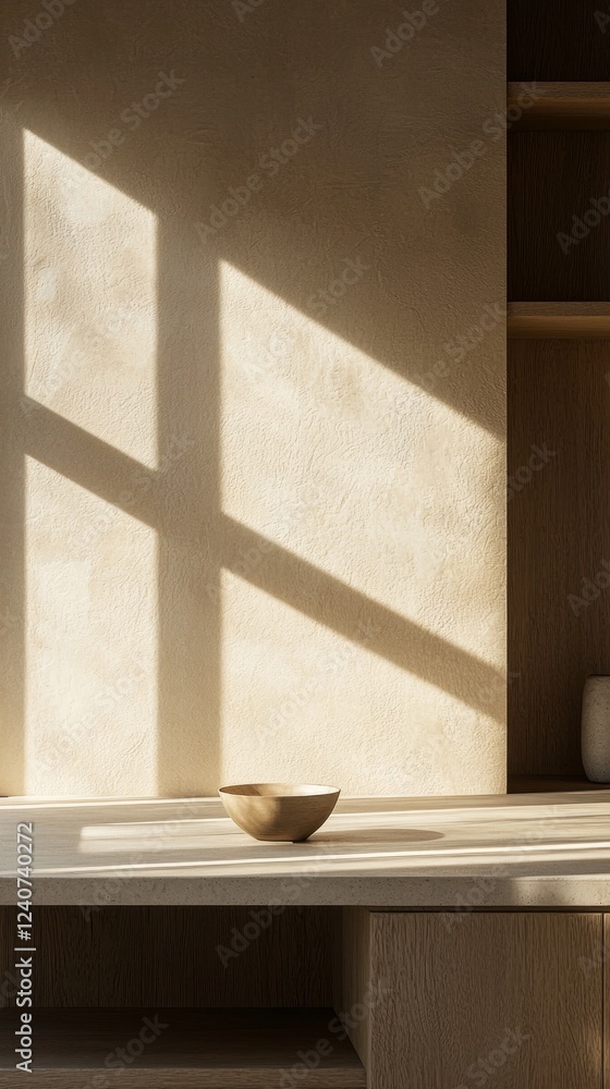 Poster sunlight pours through large windows, casting gentle shadows on a textured wall and a polished table
