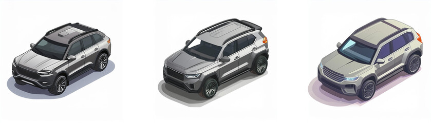 Three isometric illustrations showcase silver SUVs, varying in shade and angle.  Each vehicle displays a sleek, modern design.