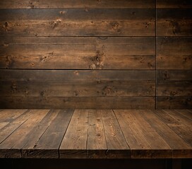 A wooden table with a dark brown surface and wooden planks, set against a dark wooden wall, invites rest and solitude