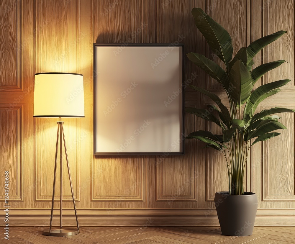 Poster 3d rendering of an empty picture frame on the wall, leaning against the wall. in front of it is a fl