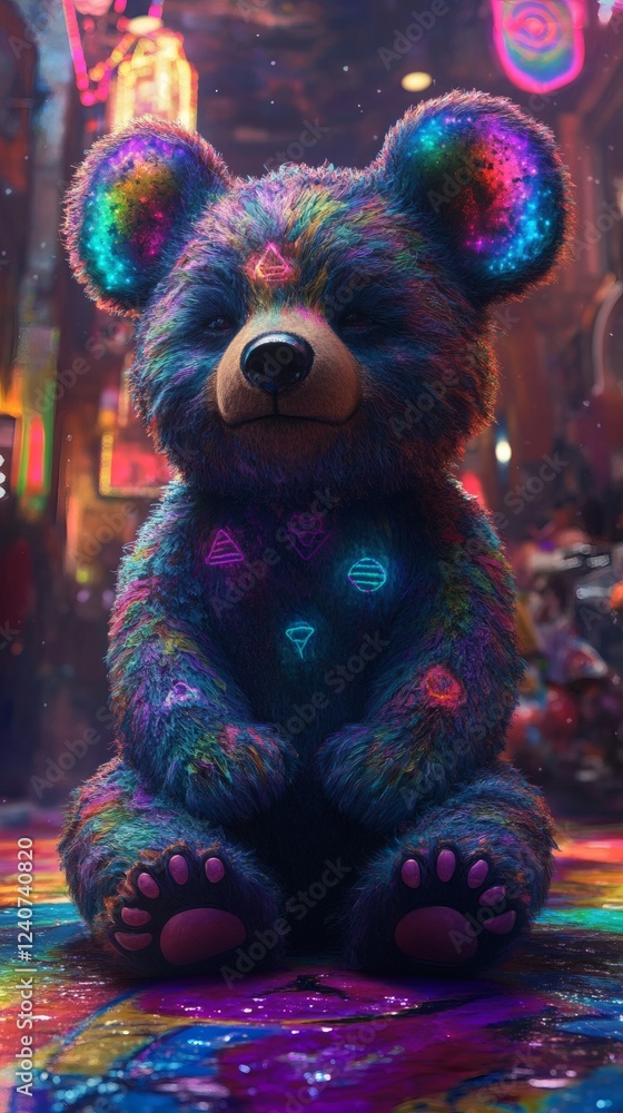 Aufkleber showcase psychedelic bear with large colorful ears positioned on a colorful dripped floor surrounded