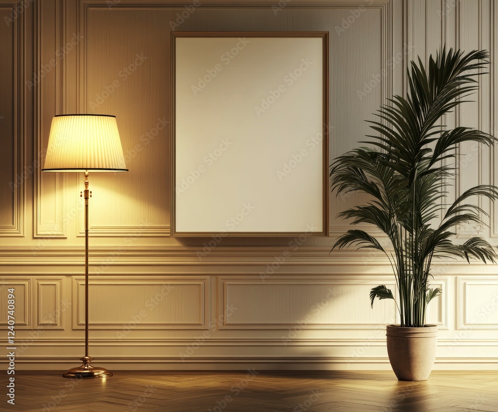 Poster 3d rendering of an empty picture frame on the wall, leaning against the wall. in front of it is a fl