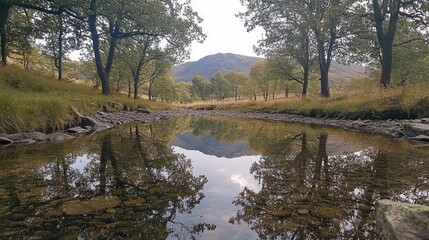 Calm autumn river reflecting mountains
