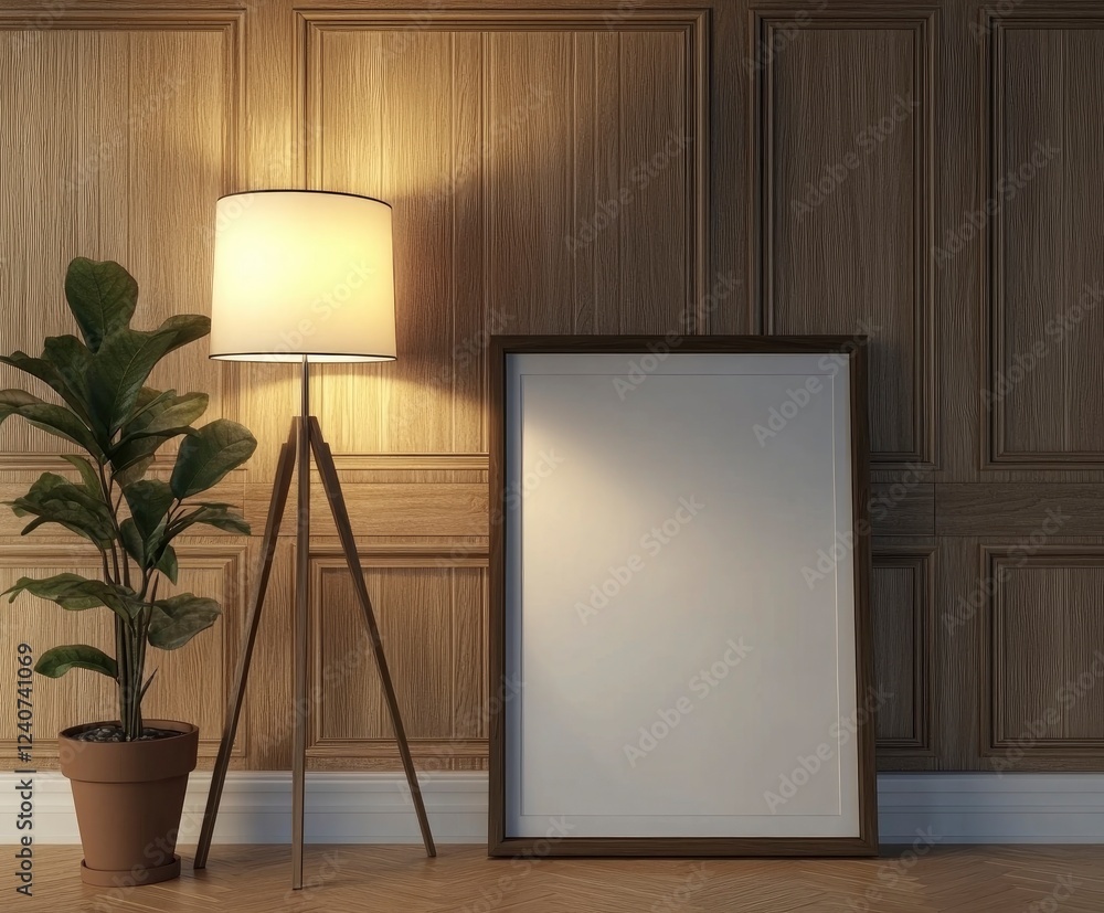 Poster 3d rendering of an empty picture frame on the wall, leaning against the wall. in front of it is a fl