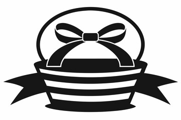 Basket with Large Ribbon Silhouette Icon - Elegant Black Vector,Round wicker basket with easter eggs On White Background.