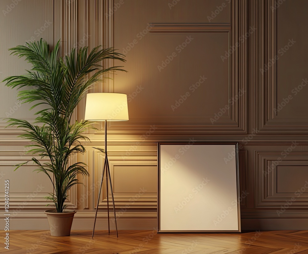 Poster 3d rendering of an empty picture frame on the wall, leaning against the wall. in front of it is a fl