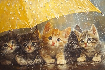 Fototapeta na wymiar Cute little kittens under umbrella in rain.