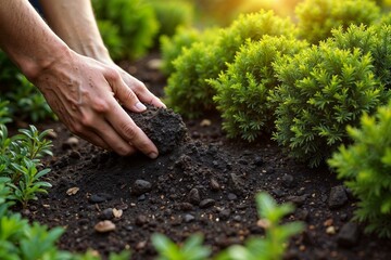 Fototapeta premium Man planting soil in the garden bed