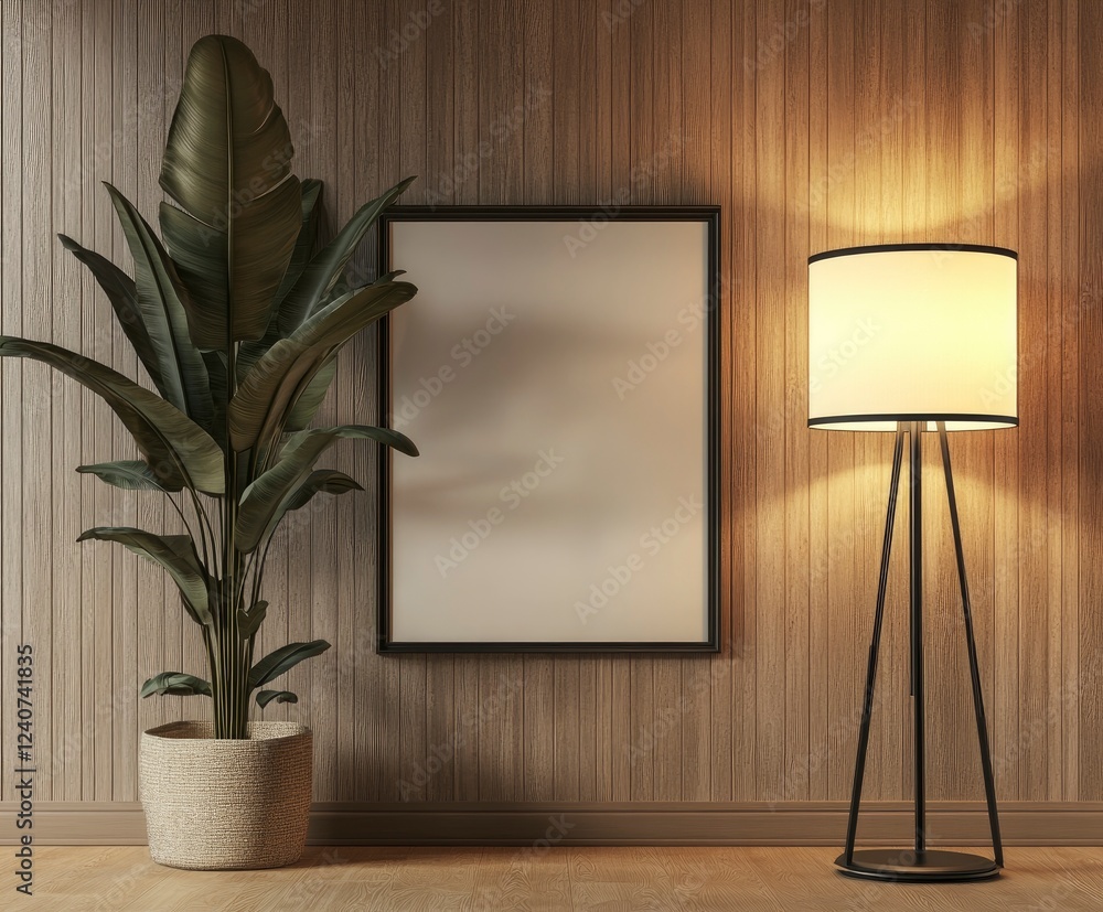 Poster 3d rendering of an empty picture frame on the wall, leaning against the wall. in front of it is a fl