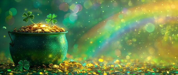 Banner with Pot of gold coins, clover leaves and rainbow. St. Patrick's day concept. Generative AI illustration