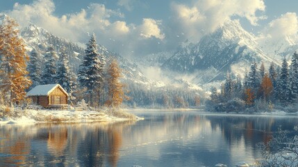 Fototapeta premium Snowy mountain lake cabin sunrise scenery