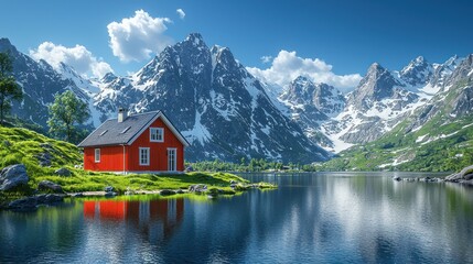 Fototapeta premium Red cabin by lake, snowy mountains, idyllic scene