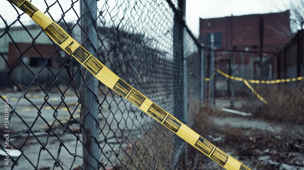 Poster a chain-link fence draped with yellow and black barricade tape, flapping in the wind outside an aban