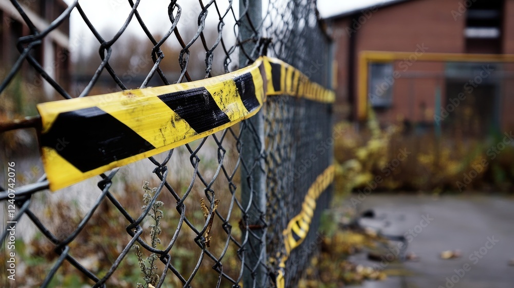 Poster a chain-link fence draped with yellow and black barricade tape, flapping in the wind outside an aban