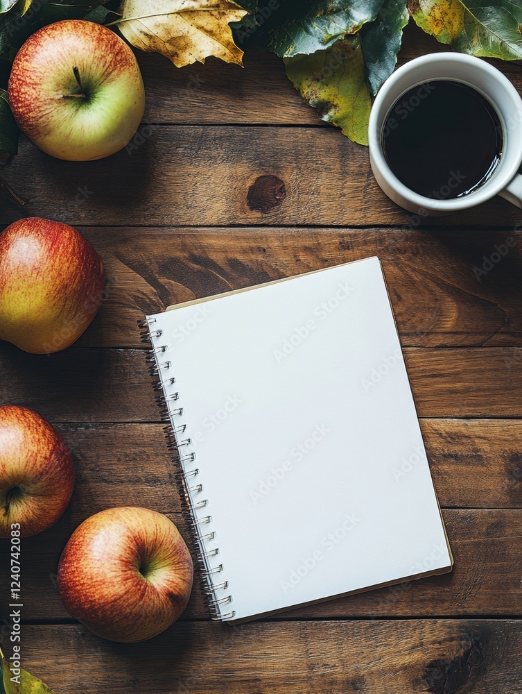 Poster Blank notebook surrounded by fresh apples and a cup of coffee on a rustic wooden table in autumn. Generative AI