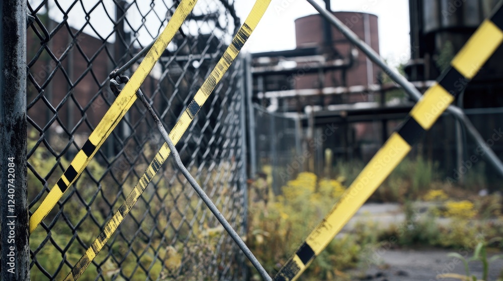 Poster a chain-link fence draped with yellow and black barricade tape, flapping in the wind outside an aban